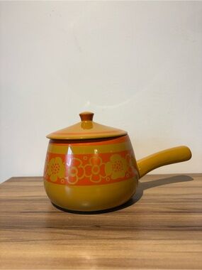 Mustard Yellow Ceramic Saucepan with Orange Floral Band